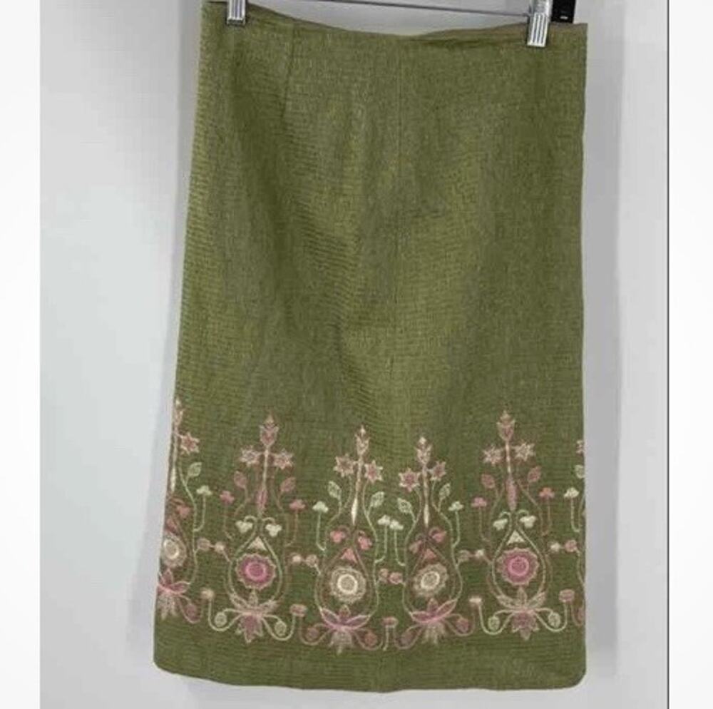 Vintage TOCCA Embroidered Crinkle Pencil Skirt Green Pink Boho Cottagecore Sz 4